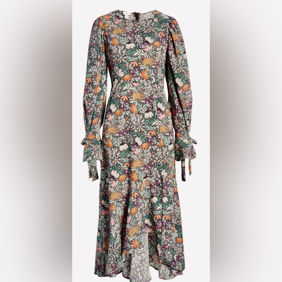 ASOS I TopShop Whimsical Floral Maxi Dress Long Puff Sleeves w Wrist Ties - Picture 7 of 11
